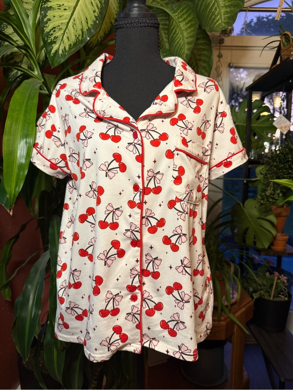 Cherry Print Short Sleeve Pajama Top - Red on White